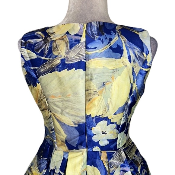 NWT Charm’s Paris Blue Yellow Watercolor Floral Bow Detail Fit & Flare Dress - M - Picture 7 of 9
